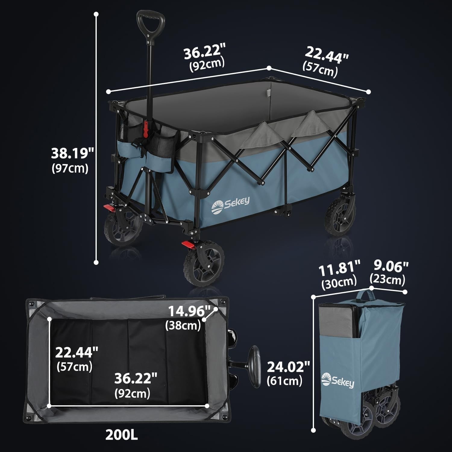 Blue Grey Heavy Duty 200L Folding Festival Trolley All-Terrain Wagon 150kg Load