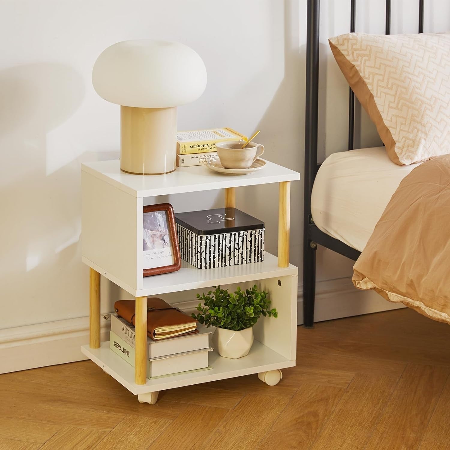 White S-Shaped Side Table with Wheels, 3-Tier Storage & Locking Casters
