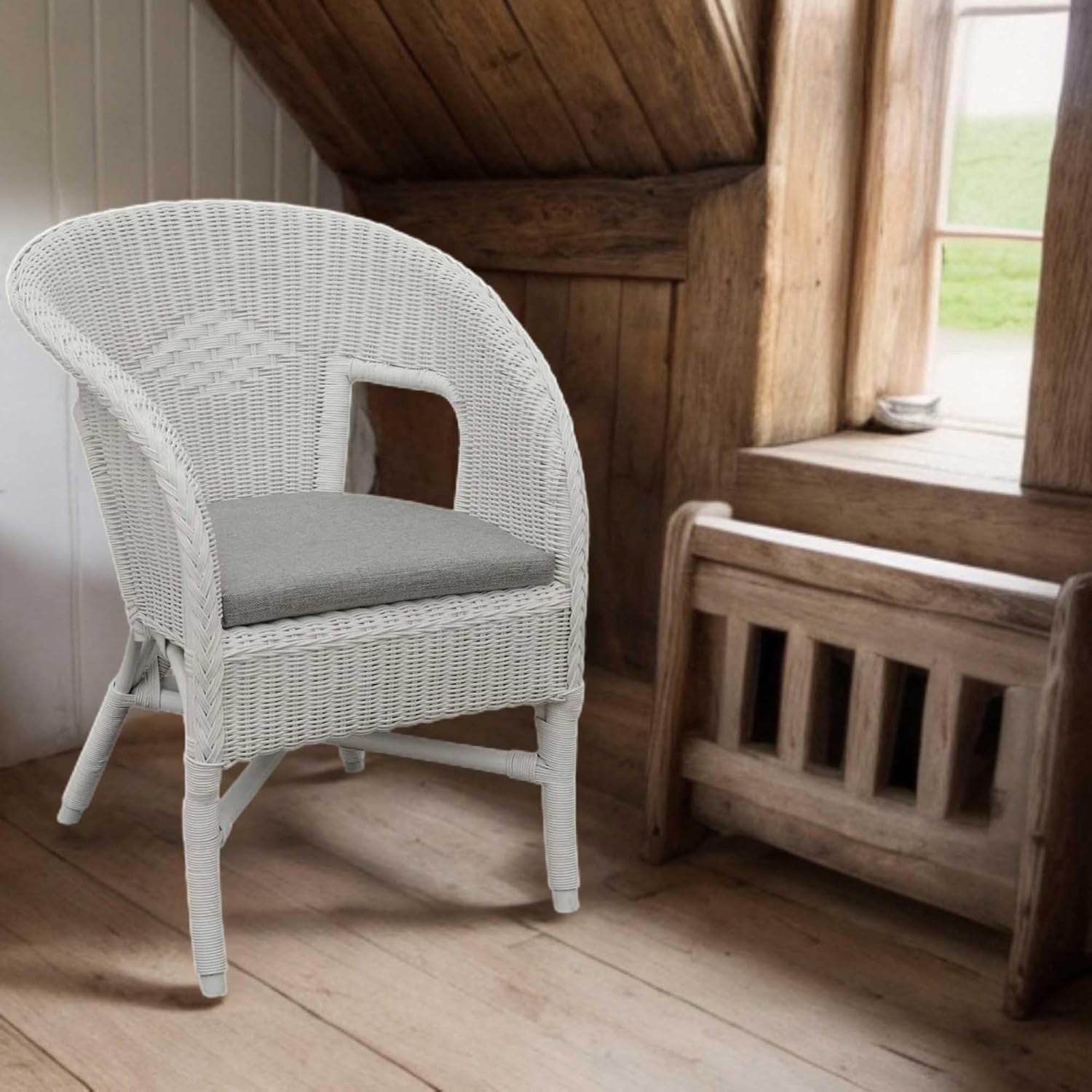 White Rattan Armchair with Cushion Stacking Wicker Lounge Chair Indoor Outdoor