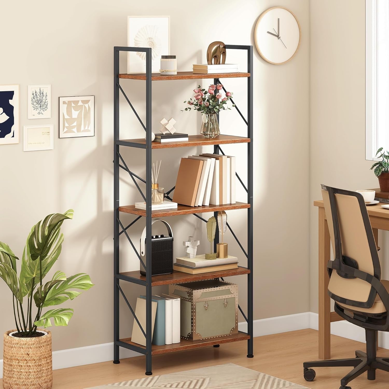 Rustic Brown 5-Tier Industrial Bookshelf Metal Frame Wood Storage Shelving