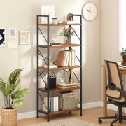 Rustic Brown 5-Tier Industrial Bookshelf Metal Frame Wood Storage Shelving