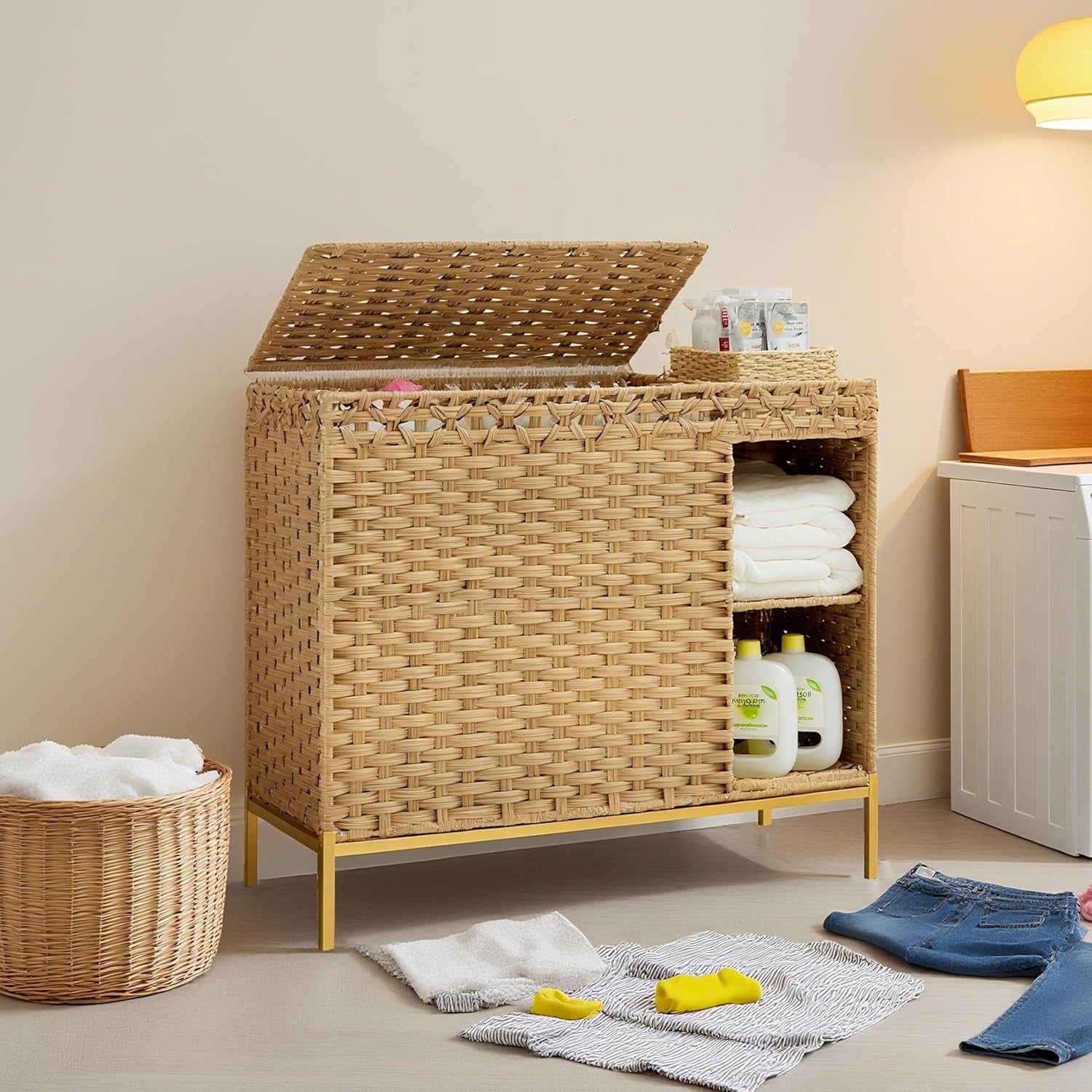 130L Rattan Laundry Hamper 3 Section with Lid 4 Bags Wicker Storage Shelf Unit