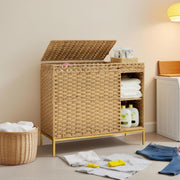 130L Rattan Laundry Hamper 3 Section with Lid 4 Bags Wicker Storage Shelf Unit