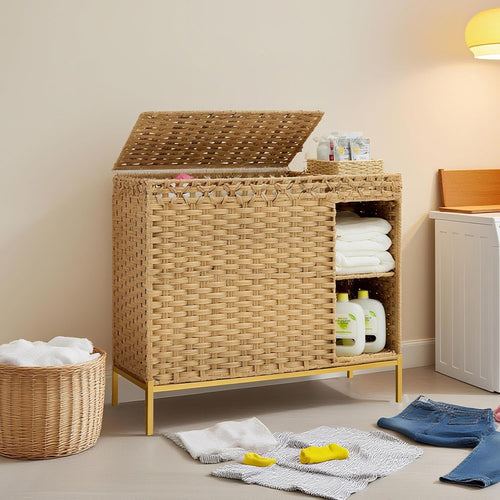 130L Rattan Laundry Hamper 3 Section with Lid 4 Bags Wicker Storage Shelf Unit