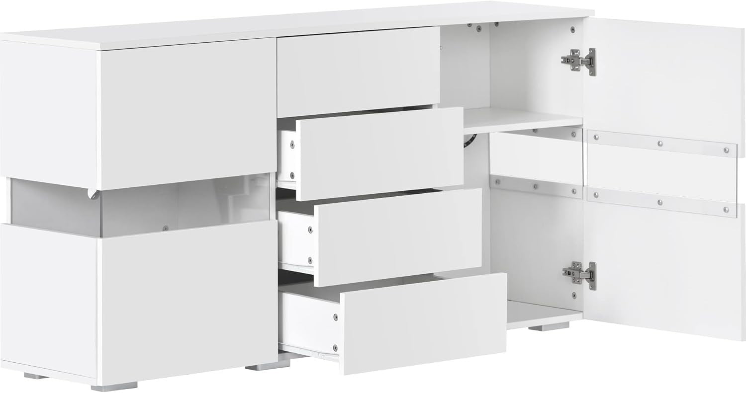 White Gloss LED Sideboard Cabinet 2 Door 4 Drawer Storage RGB USB
