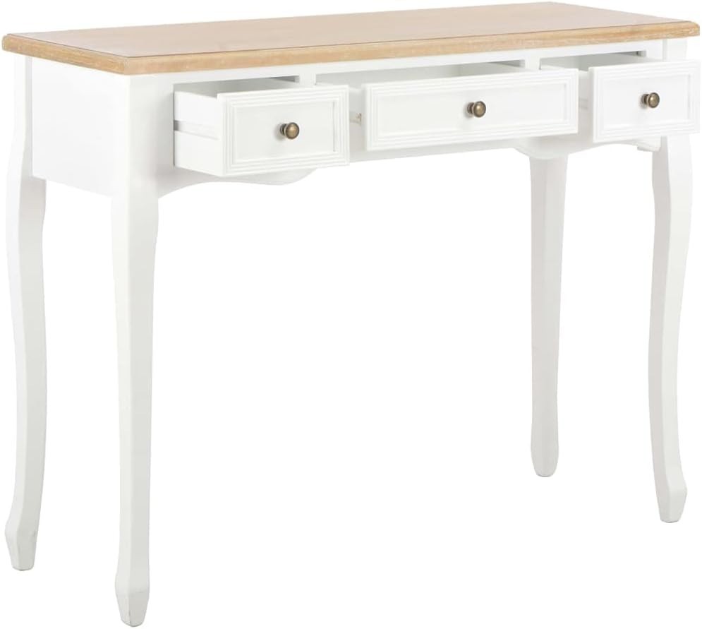 Compact Console Table with 3 Drawers, Pinewood, White & Brown, 35x100x78 cm