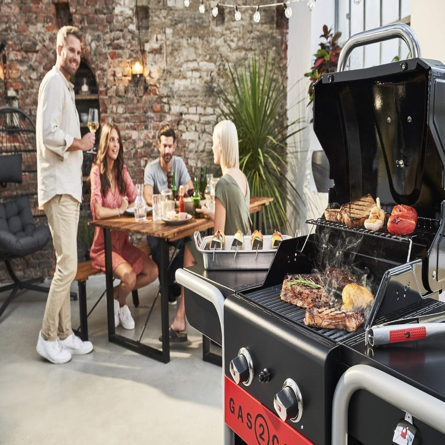 Hybrid Gas & Charcoal BBQ Grill 2 Burner Outdoor Barbecue with Side Shelves