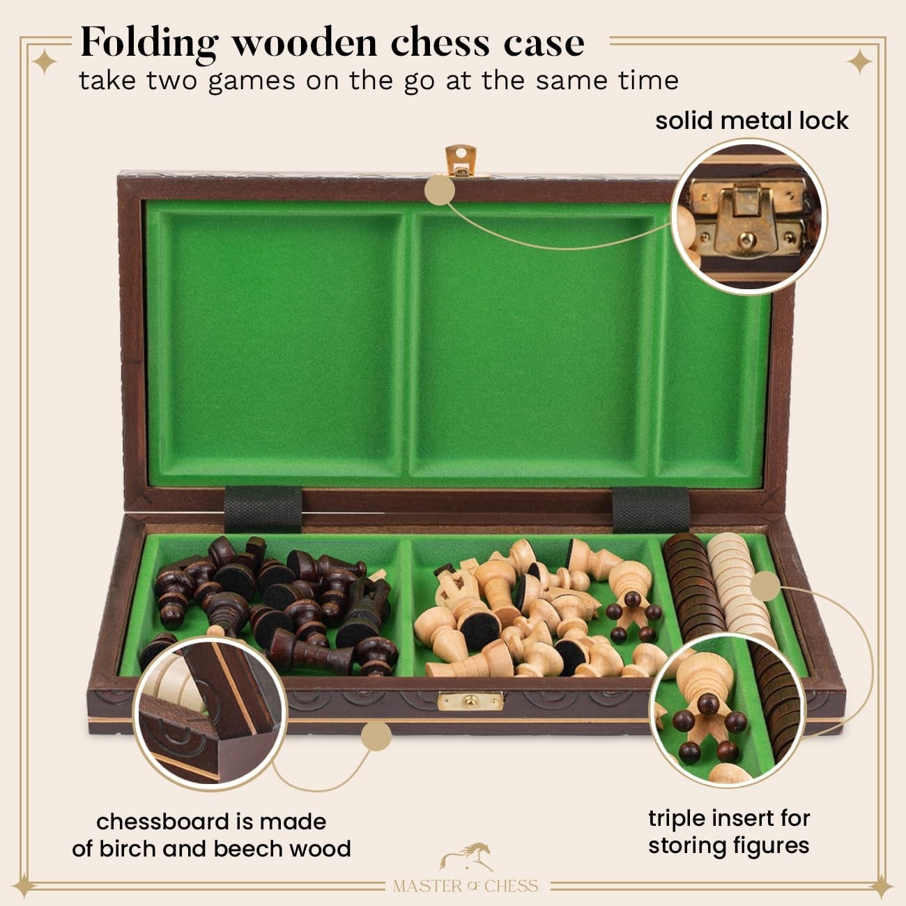 Luxury 2-in-1 Wooden Chess & Checkers Set | 35cm Folding Board | Handmade Gift