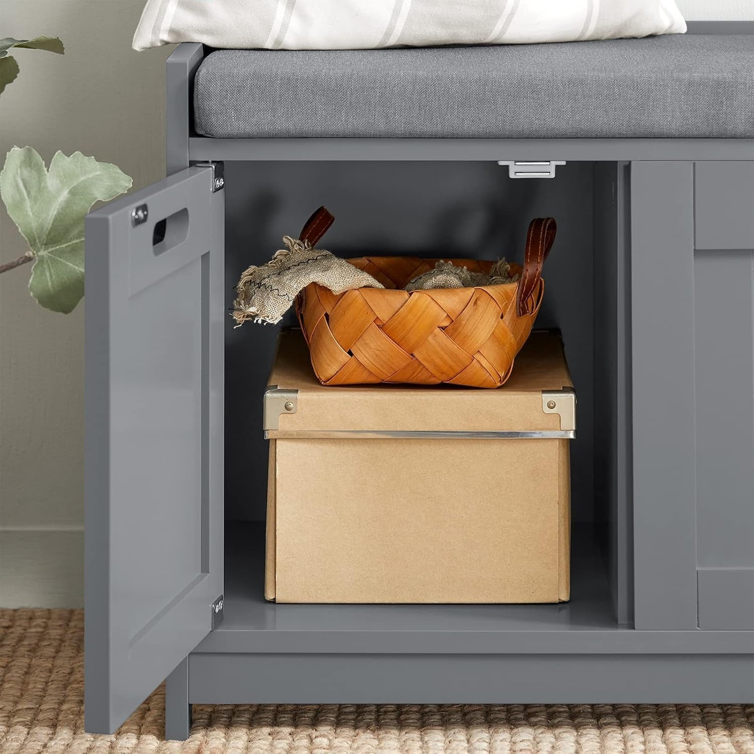 Modern Grey Hallway Shoe Storage Bench with Cushion & Drawer, 90x35x45cm