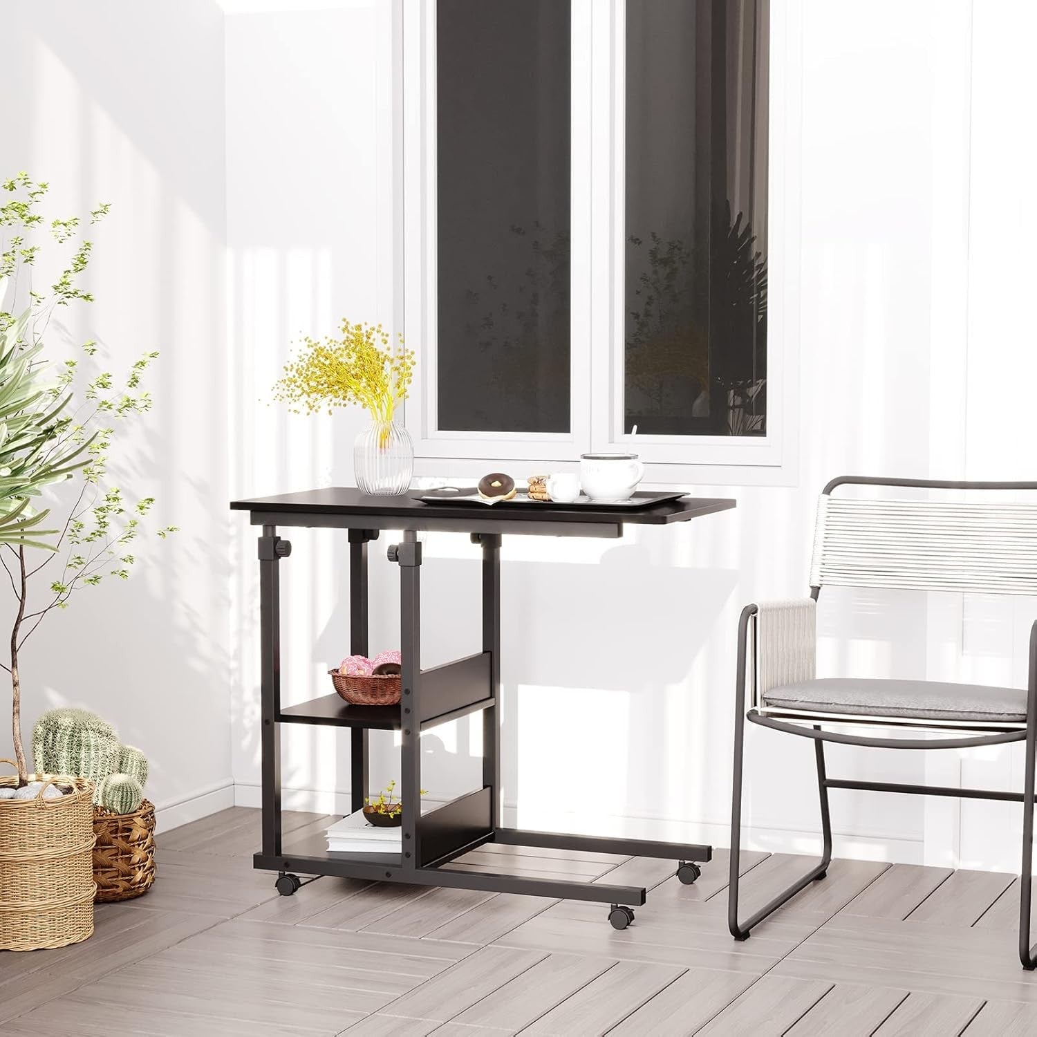 C Shaped Side Table Height Adjustable Sofa Bed Laptop Desk Black Wheels