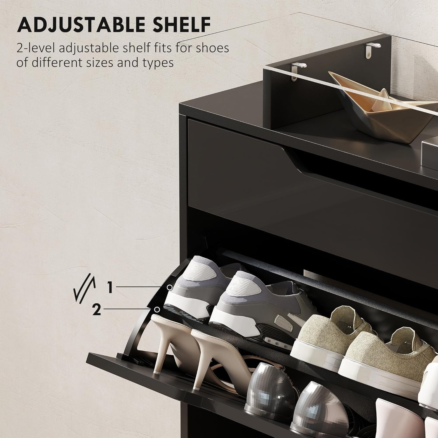 Modern Shoe Storage Cabinet – 2 Flip Doors, Drawer & Glass Top, Holds 16 Pairs