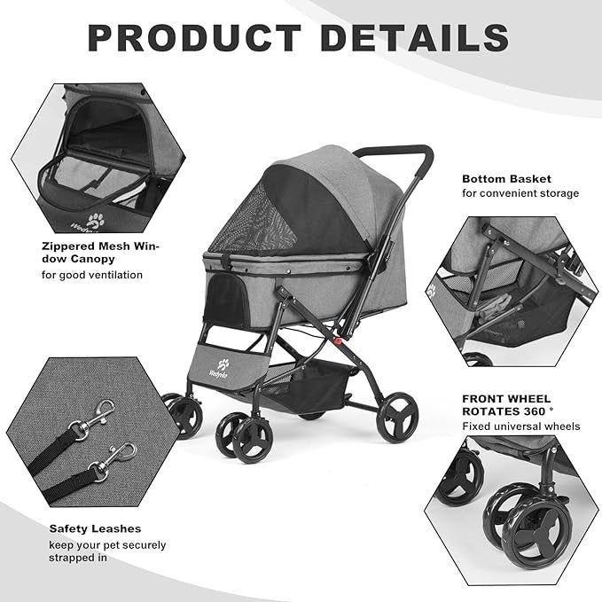 Dark Grey Pet Stroller Foldable Dog Cat Pram 33lb Capacity Travel Pushchair