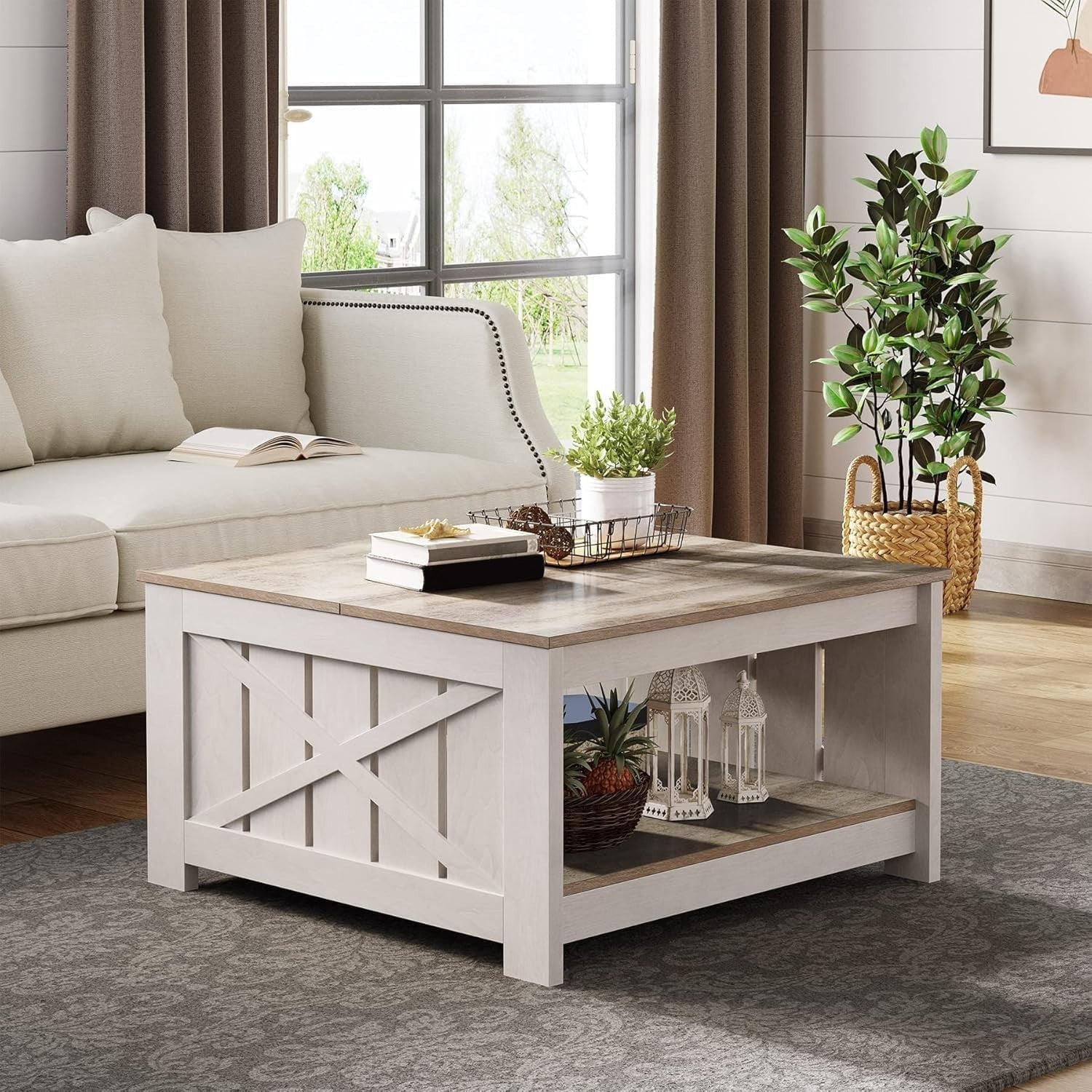 Square Rustic Coffee Table with Storage, Grey Wash Farmhouse Modern Design