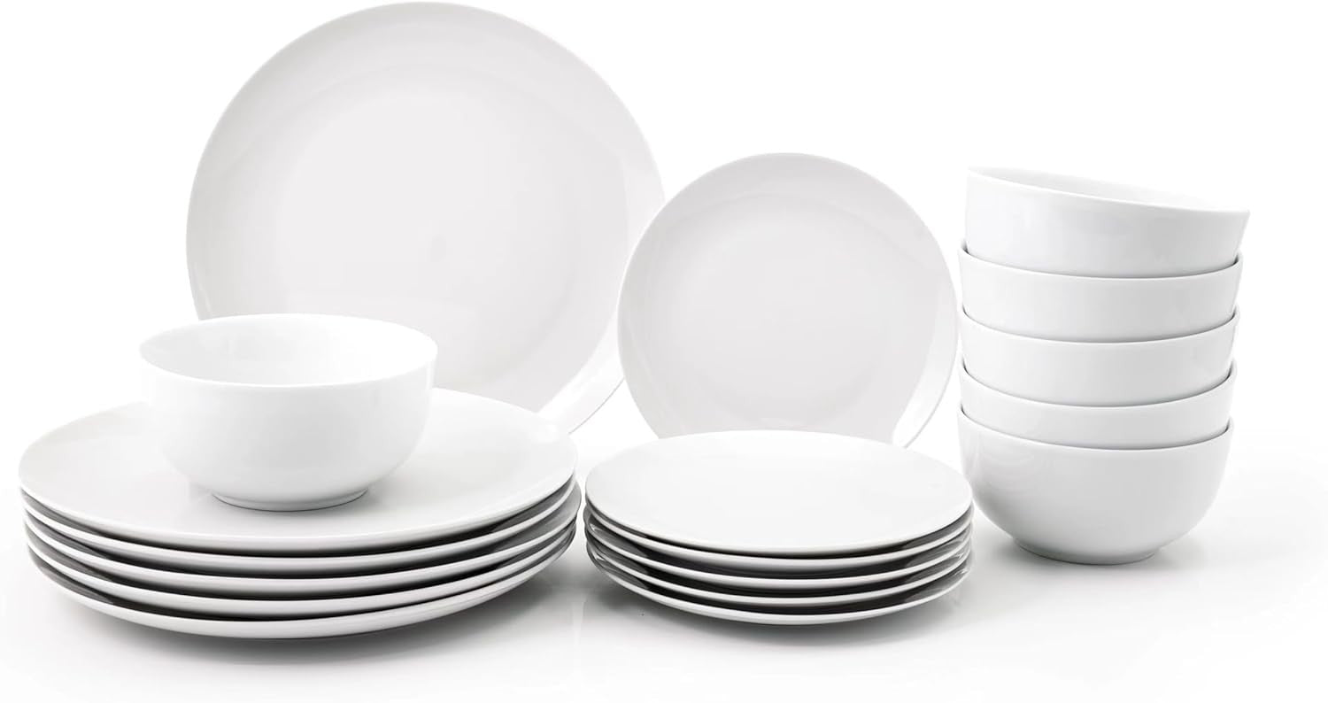 18pc Porcelain Dinnerware Set White Plates Bowls Microwave Dishwasher Safe