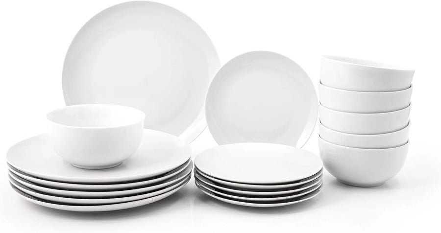 18pc Porcelain Dinnerware Set White Plates Bowls Microwave Dishwasher Safe