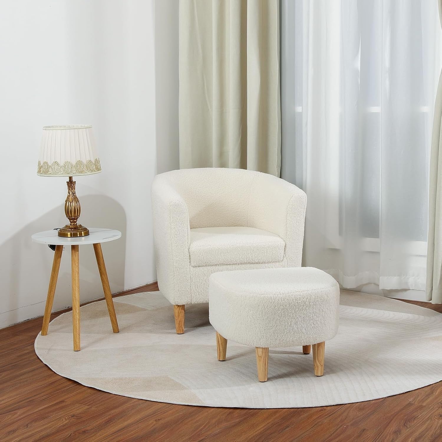 White Sherpa Armchair with Footstool Lounge Tub Chair Soft Snuggle Seat