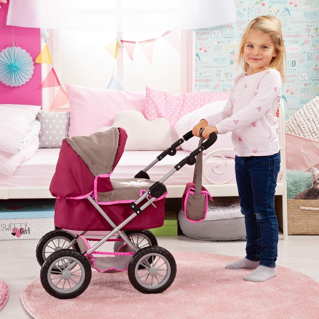 Trendy Doll Stroller Foldable Pram Adjustable Handle Big Wheels Bag 46cm
