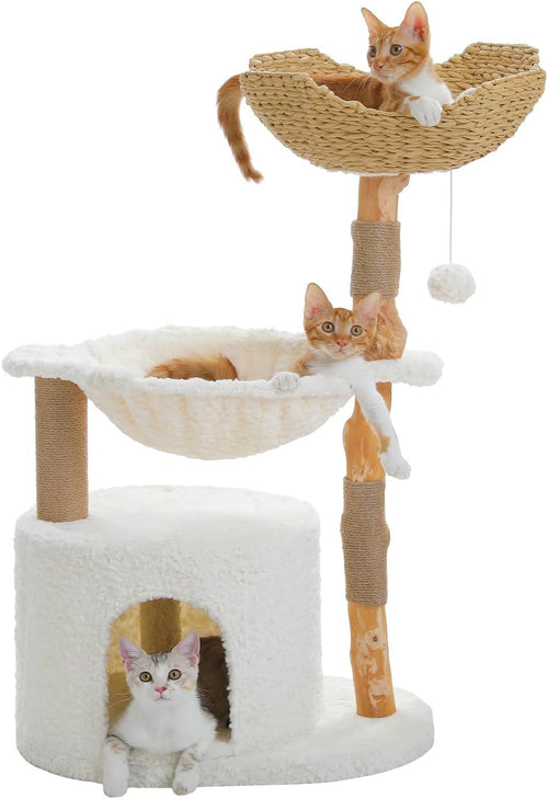 Modern Cat Tree 102cm Solid Wood Scratching Wicker Basket Condo Indoor