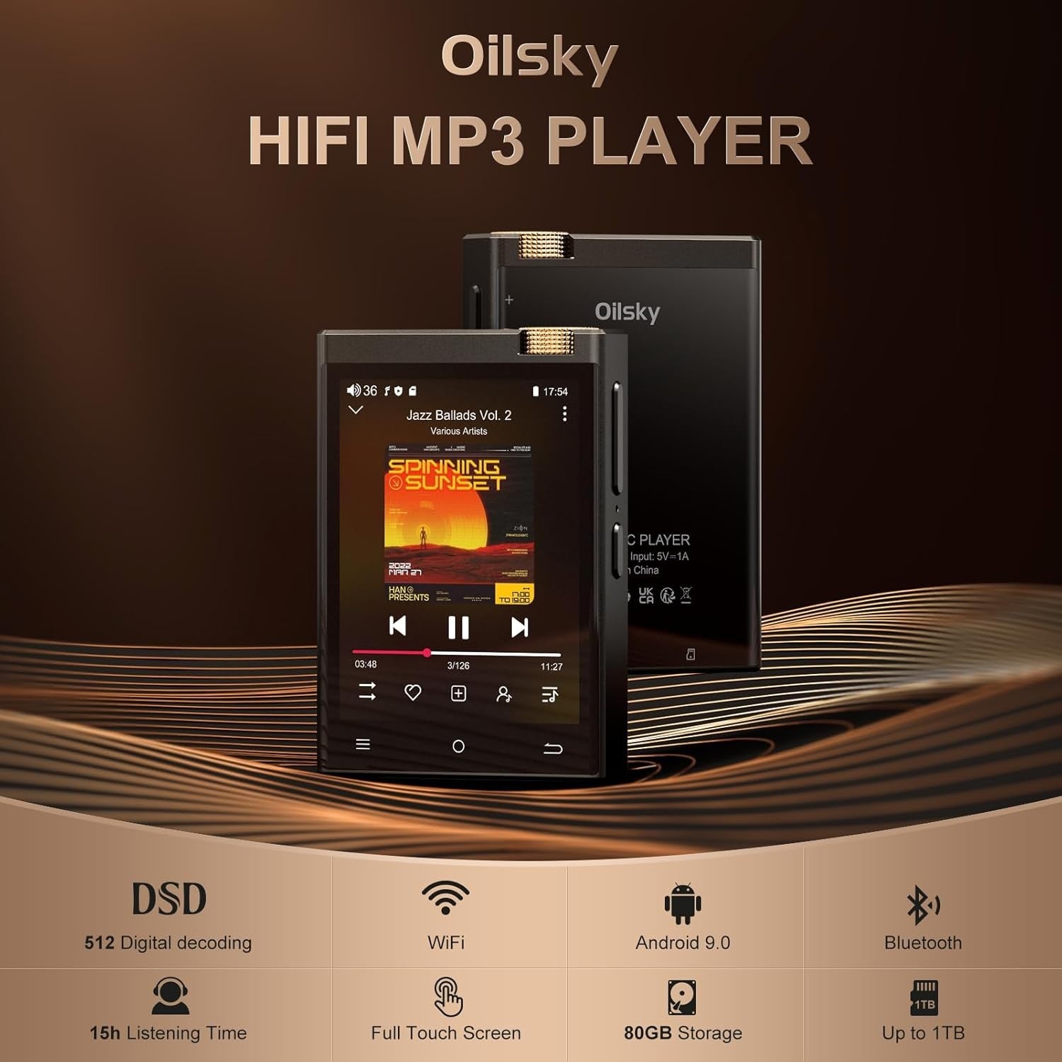 HiFi MP3 Player Black Bluetooth WiFi DSD 64GB 1TB