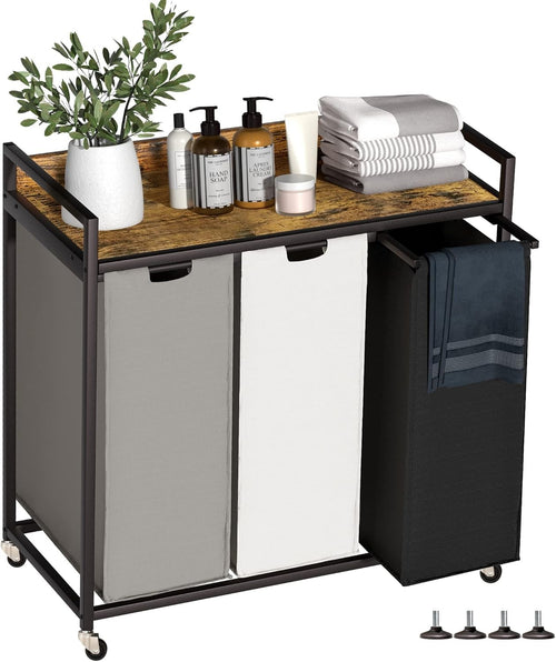 3 Section Laundry Hamper with Shelf Removable Bags Wheels Rustic Brown 180L