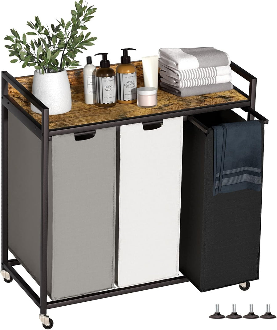 3 Section Laundry Hamper with Shelf Removable Bags Wheels Rustic Brown 180L