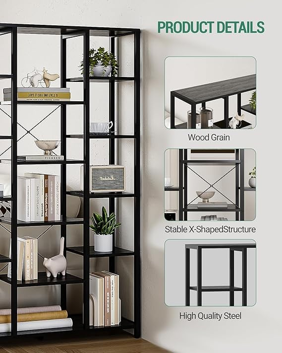 Modern 6 Tier Metal Frame Bookcase – Adjustable Open Shelves Storage Unit 170cm