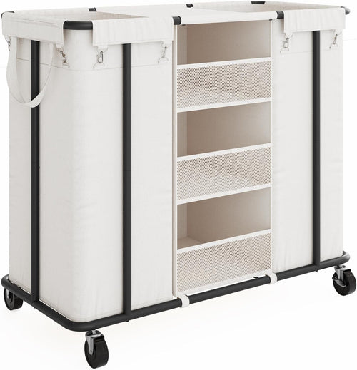 200L Rolling Laundry Sorter 2 Section Cart with Shelves & Hanging Bags Beige