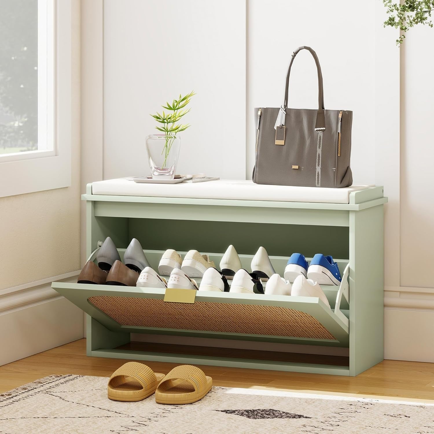 Compact Boho Shoe Bench with Padded Seat & Flip Drawer, Holds 8 Pairs