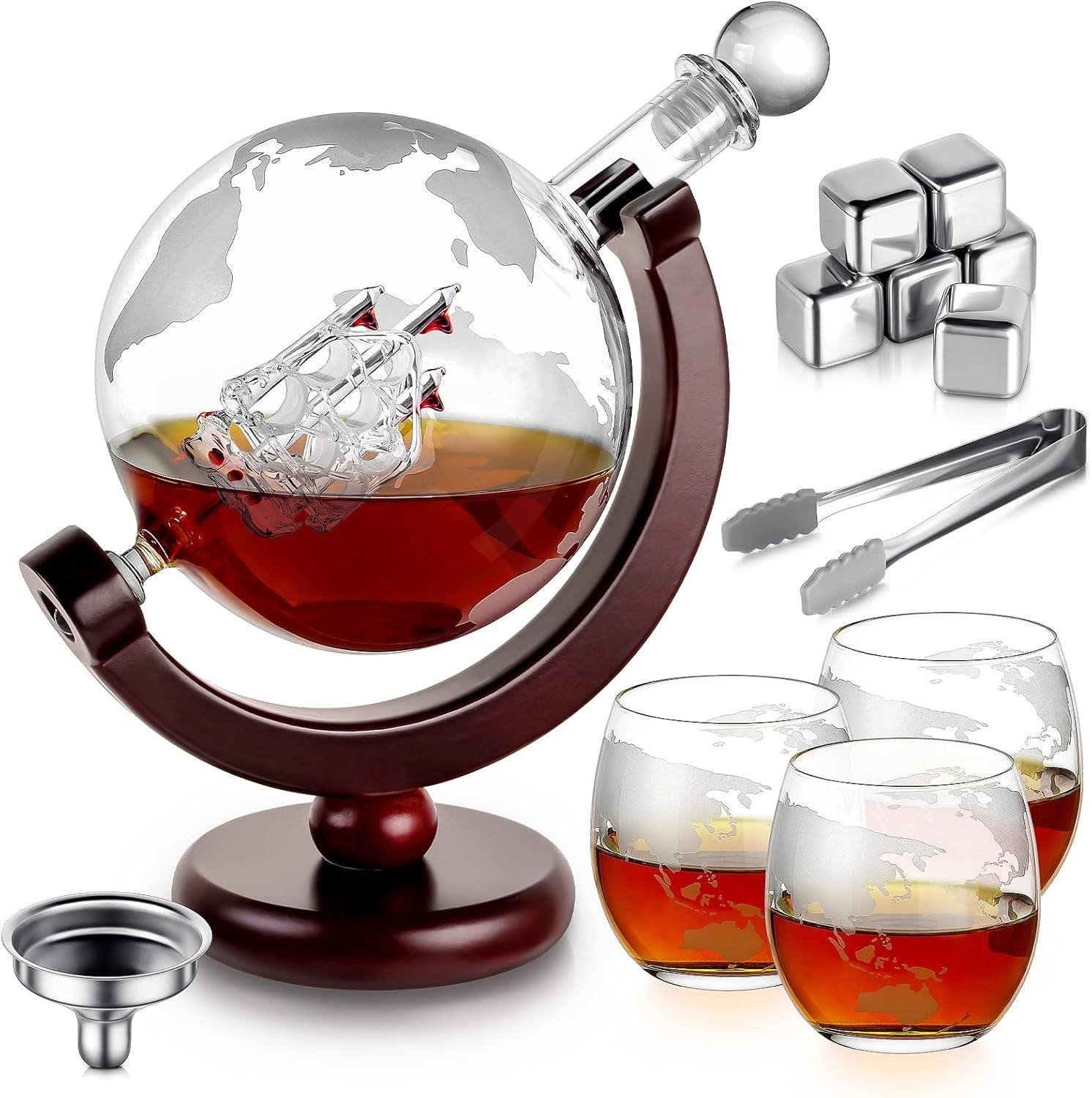 Globe Whiskey Decanter Set 900ml with 3 Glasses & 6 Stones | Luxury Gift for Men
