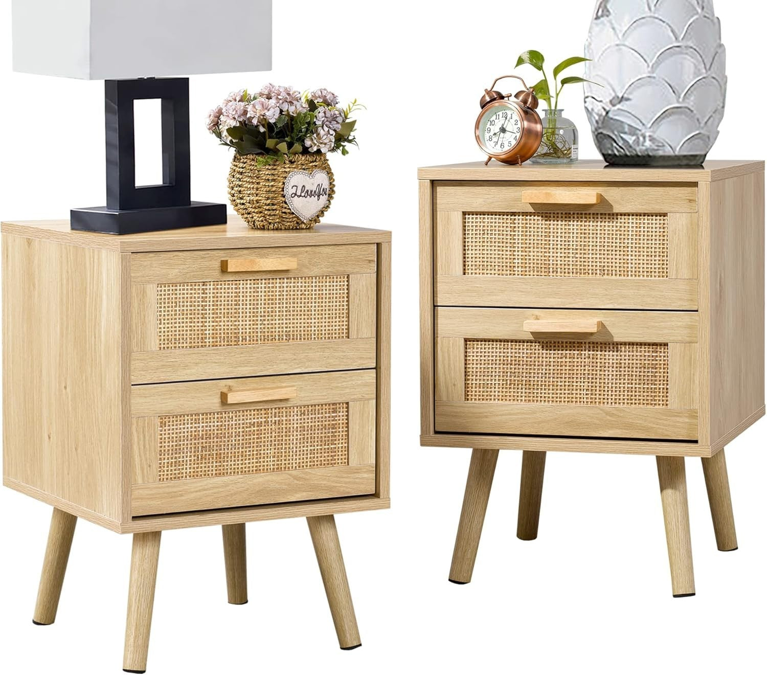 Set of 2 Rattan Bedside Tables with Drawers – Natural Wooden Nightstands
