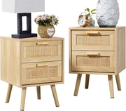 Set of 2 Rattan Bedside Tables with Drawers – Natural Wooden Nightstands