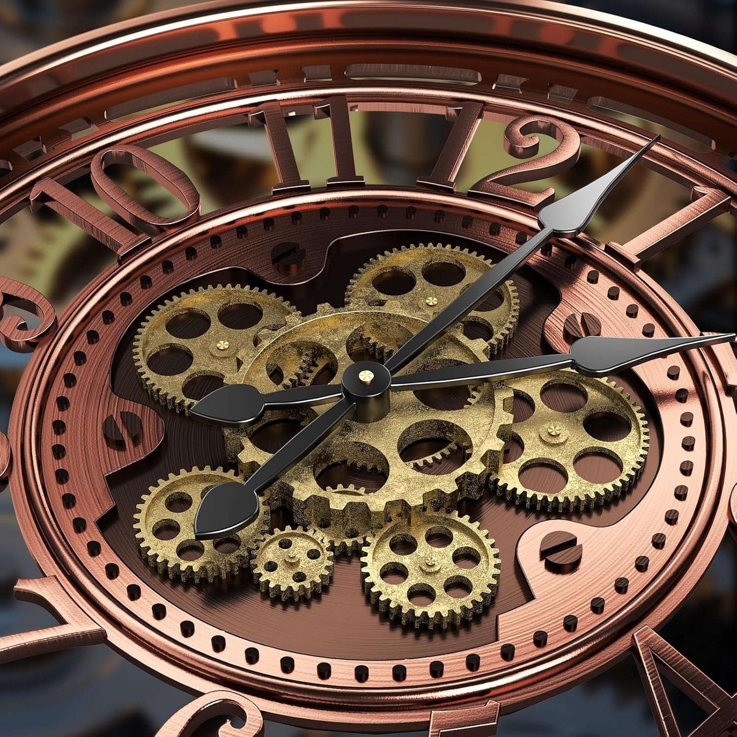 Copper Moving Gear Wall Clock, 21” Industrial Steampunk Metal Decor