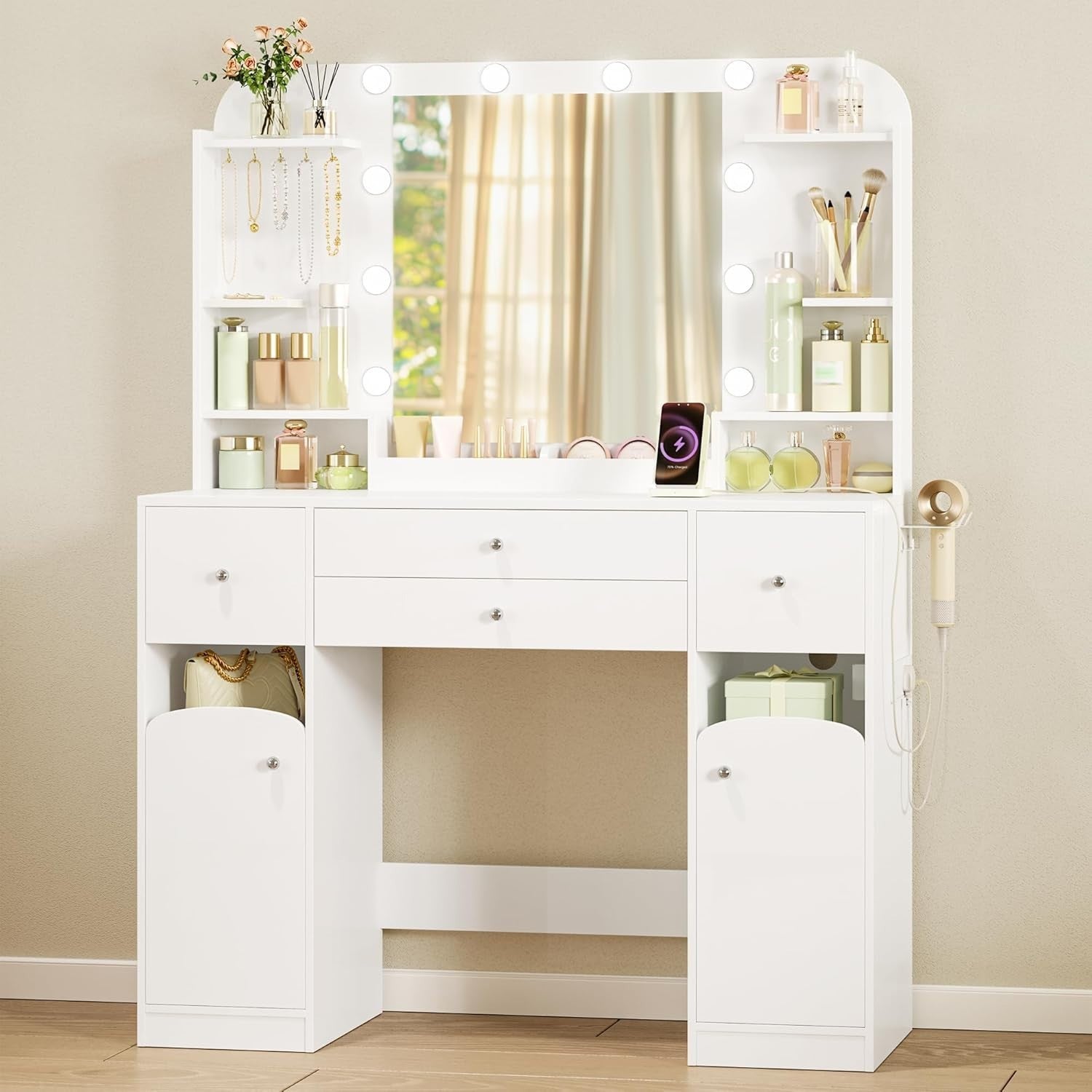 White Dressing Table Makeup Vanity Desk LED Mirror 4 Drawers Storage Modern