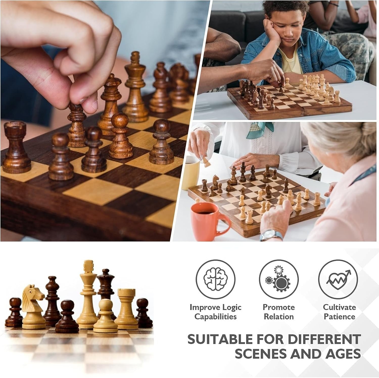12" Magnetic Wooden Chess Set Folding Travel Board with Hand-Carved Pieces