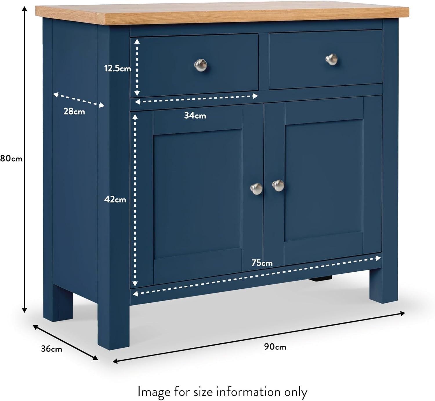 Small Blue Sideboard Cabinet with 2 Drawers & 2 Doors – Oak Top Storage Unit