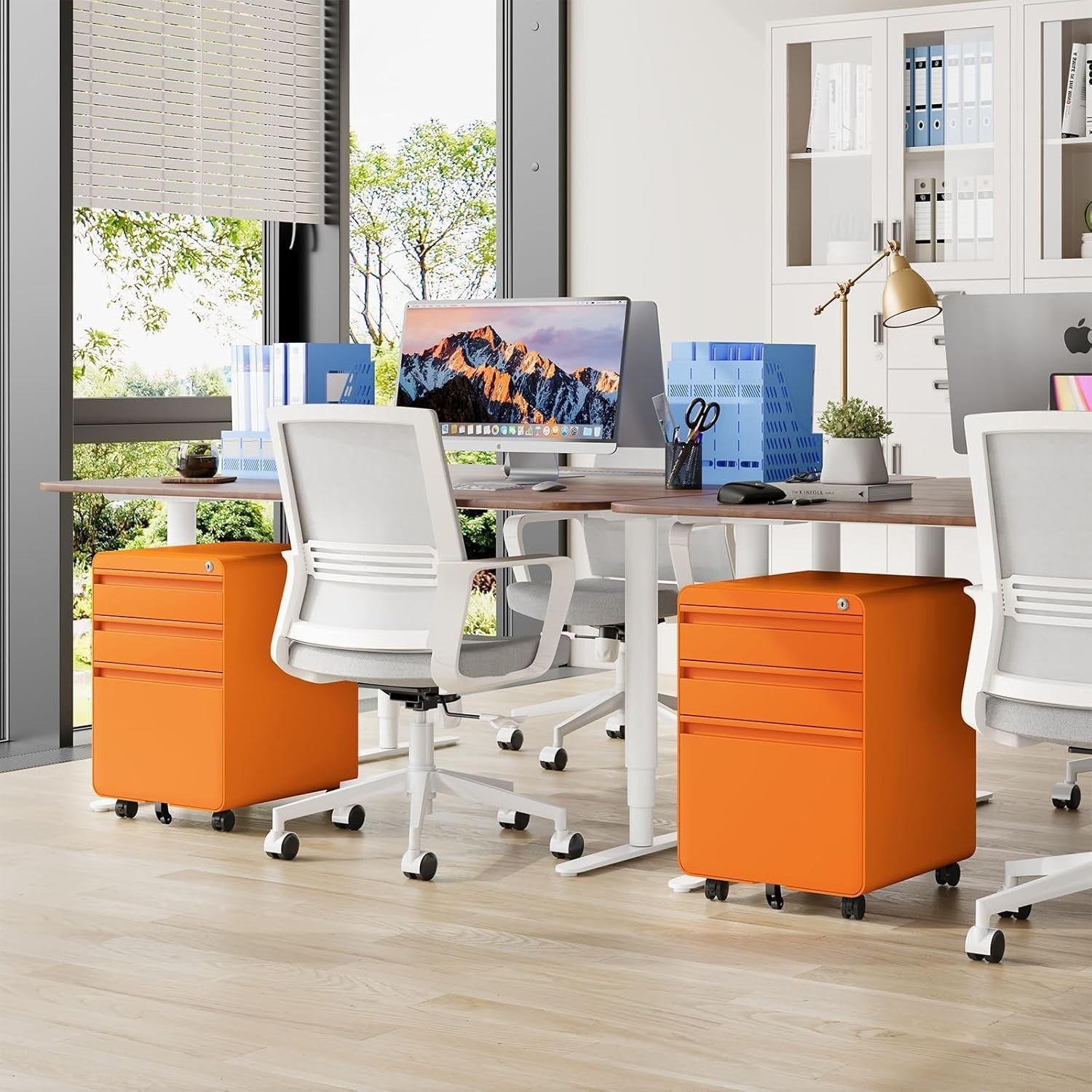 Orange Lockable Metal Filing Cabinet 3 Drawer A4 Anti Tilt on Wheels