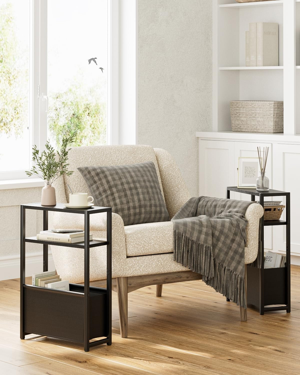 Slim Black Side Table with Storage, Space-Saving Design for Small Spaces