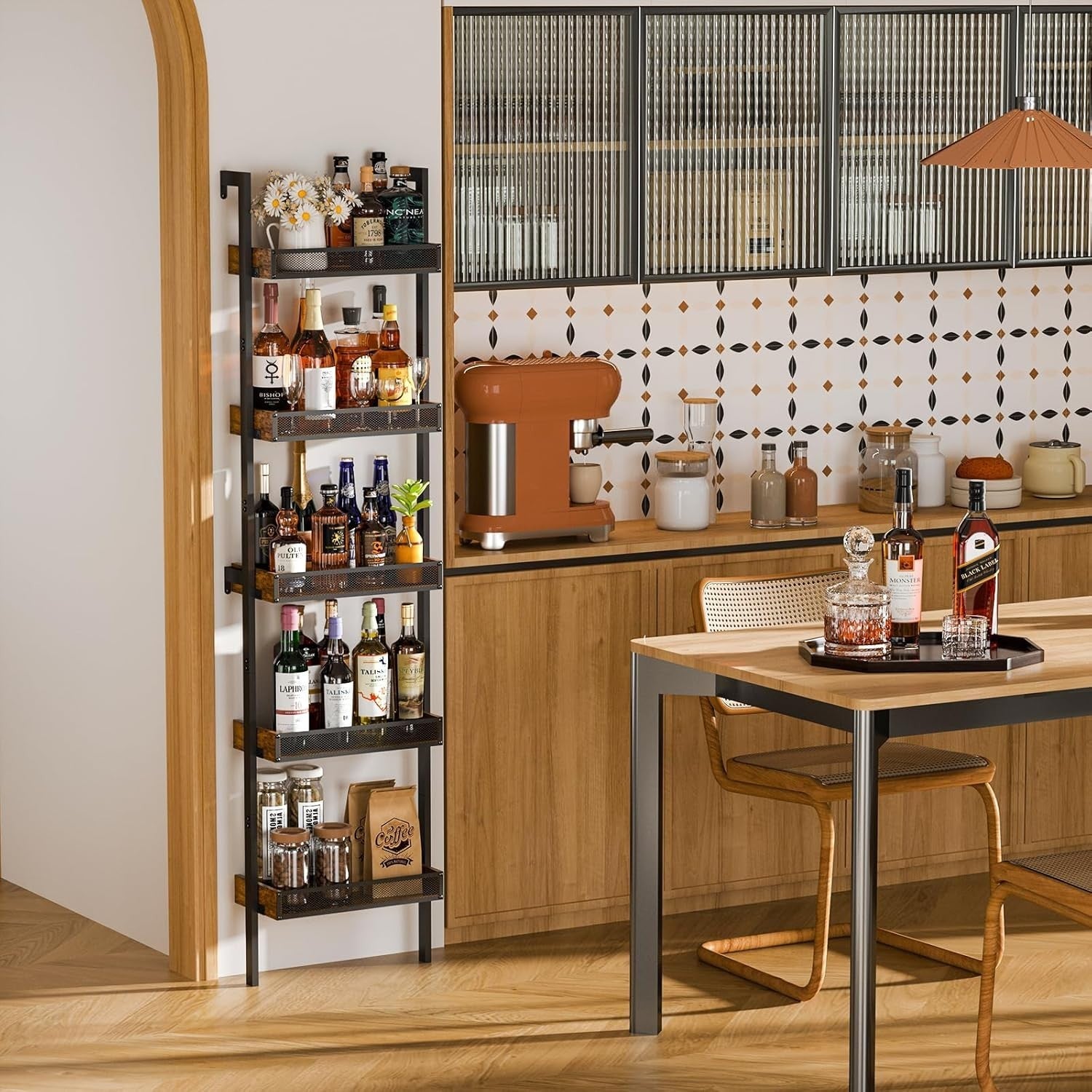 Tall Freestanding Wine Rack 5-Tier Metal & Wood Storage Shelves Holds 50 Bottles