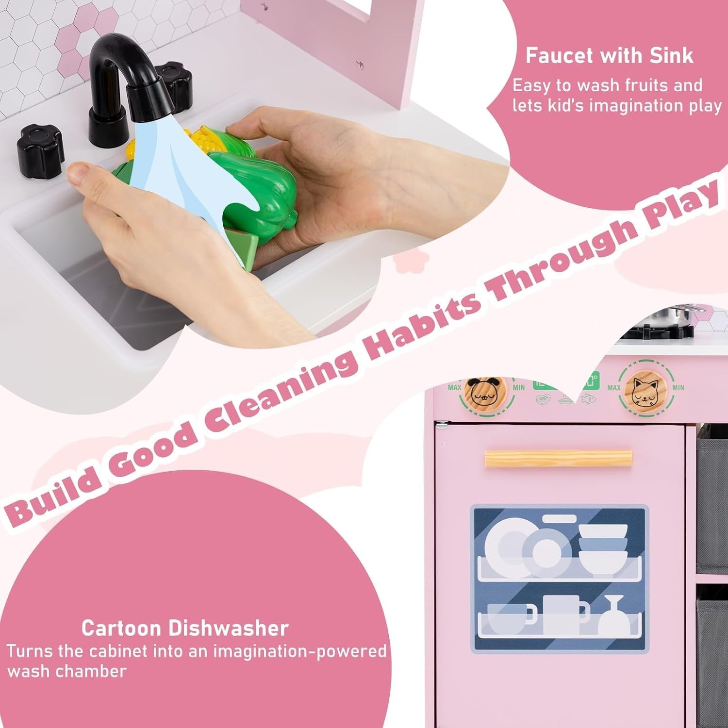 Wooden Kids Play Kitchen Pink w/ Dishwasher Sink Pots Role Play