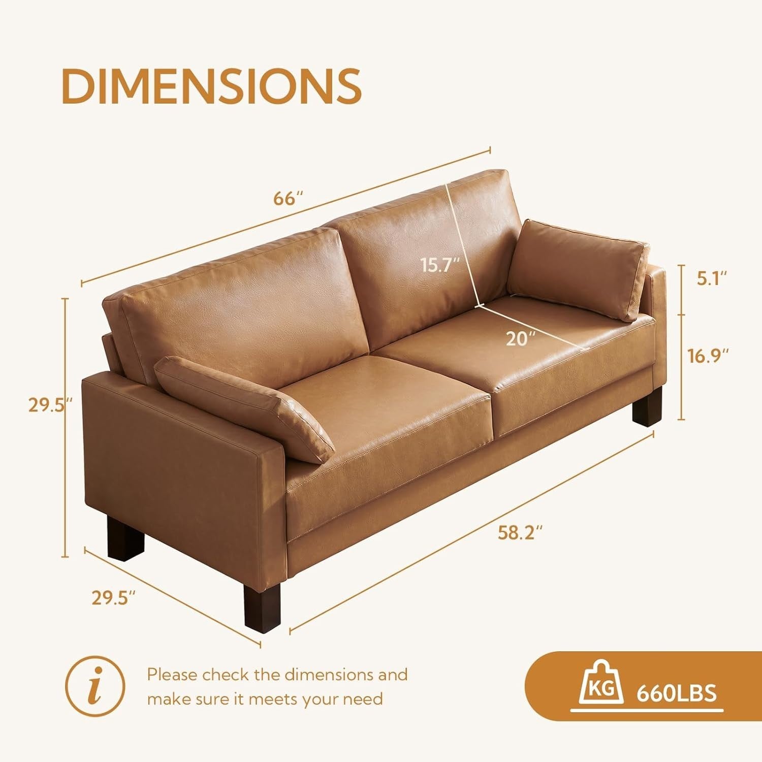 Leather Loveseat Sofa 2-3 Seater Leather Tan 66 Modern Couch for Lounge Office