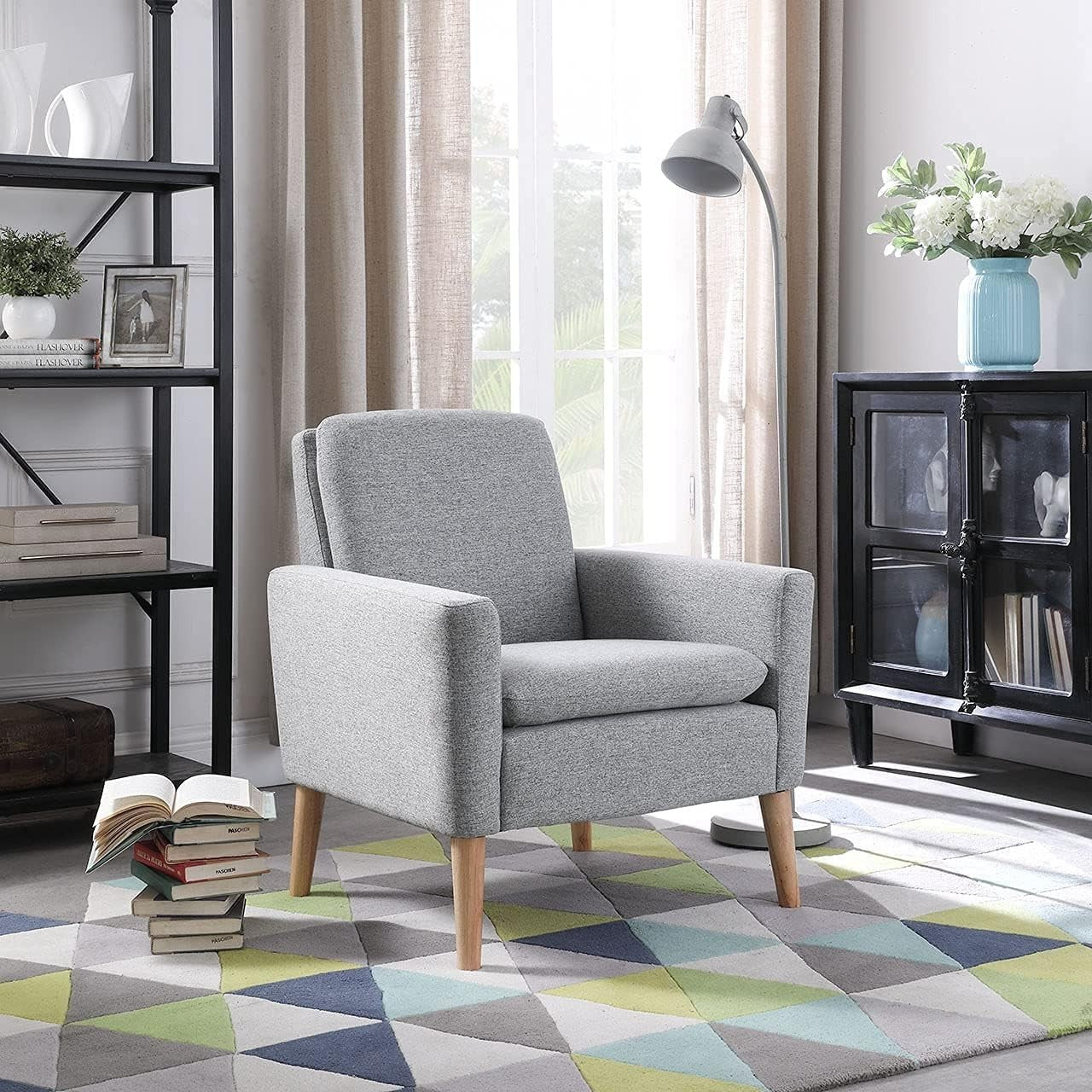 Grey Linen Accent Armchair Comfy Lounge Chair for Bedroom Office Home