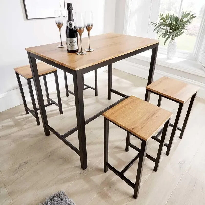 5 Piece Bar Table Set Black Metal Frame & Wood Top with 4 Breakfast Stools