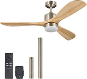 52" Wood Ceiling Fan with Light, 3-Blade, 6-Speed, Remote, LED