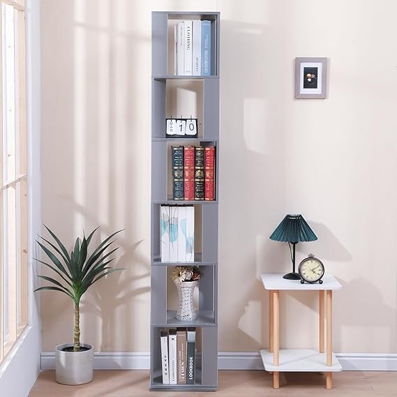 Slim Rotating 6-Tier Bookshelf Tall Corner Storage Unit Modern Display Shelf