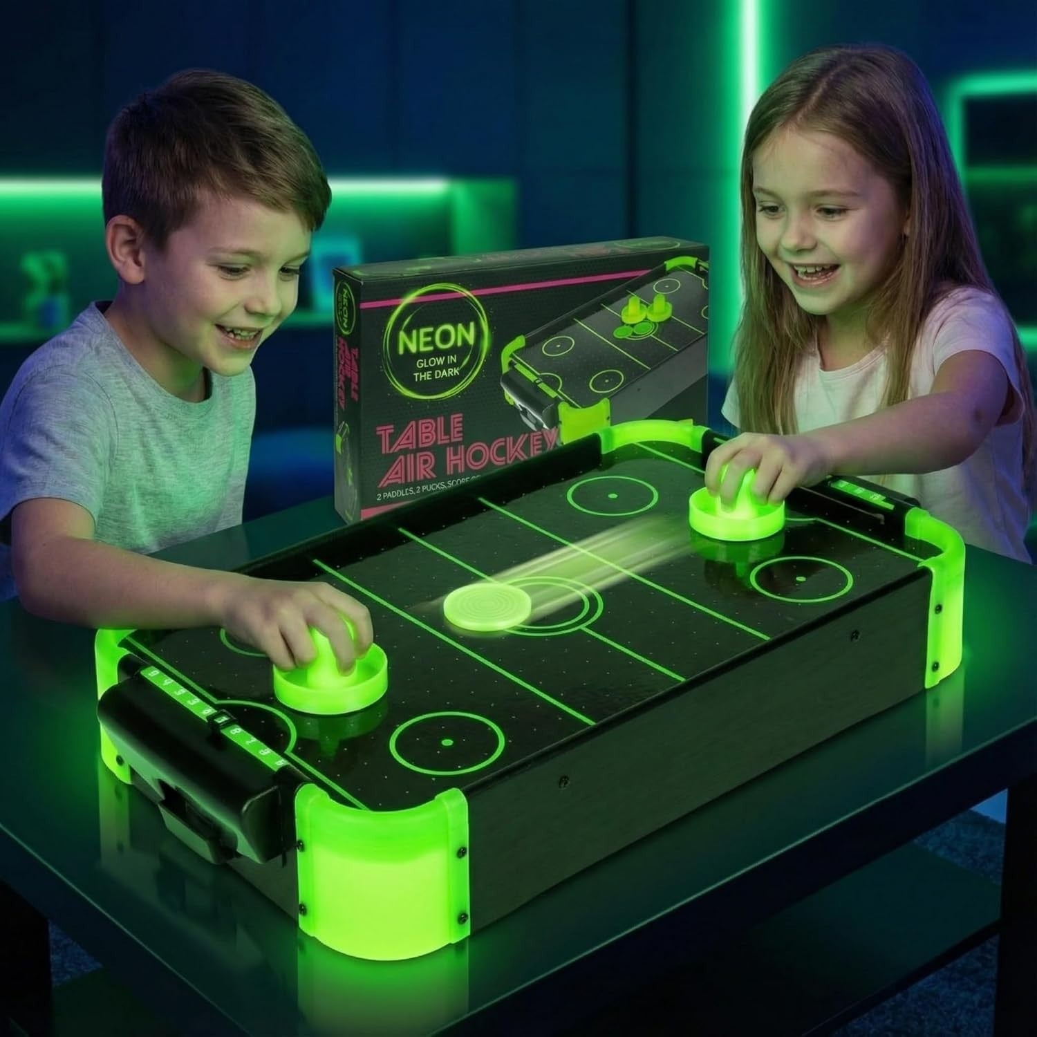 Glow in the Dark Tabletop Air Hockey Game Neon Arcade Fun