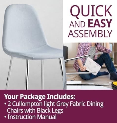 Modern Light Grey Dining Chairs Set of 2 – Fabric Upholstered Metal Legs