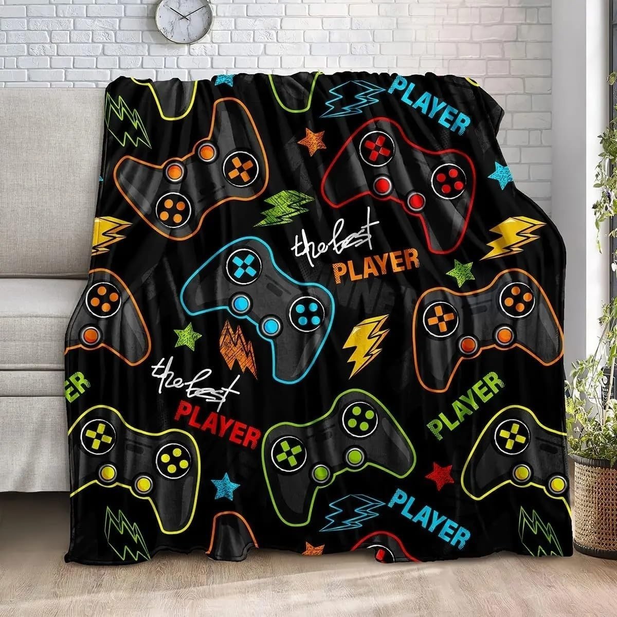 Gamepad Pattern Weighted Blanket 180x220 cm Flannel Super Soft for Sofa & Bed