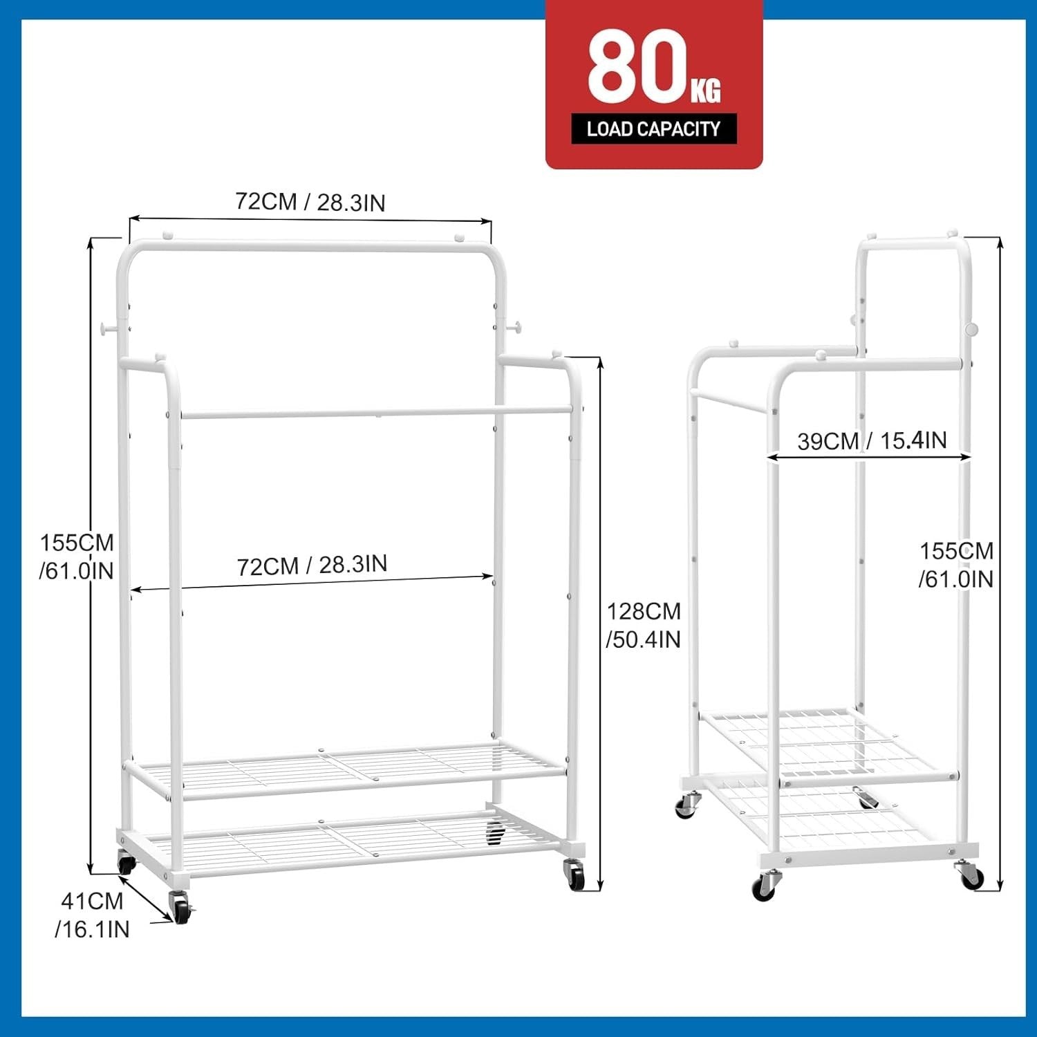 Heavy Duty Double Rod Clothes Rail with Wheels – White 72×41×155cm