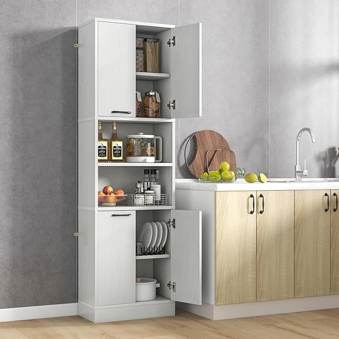 Tall Kitchen Cupboard Pantry Storage Cabinet 4 Door Open Shelves Freestanding