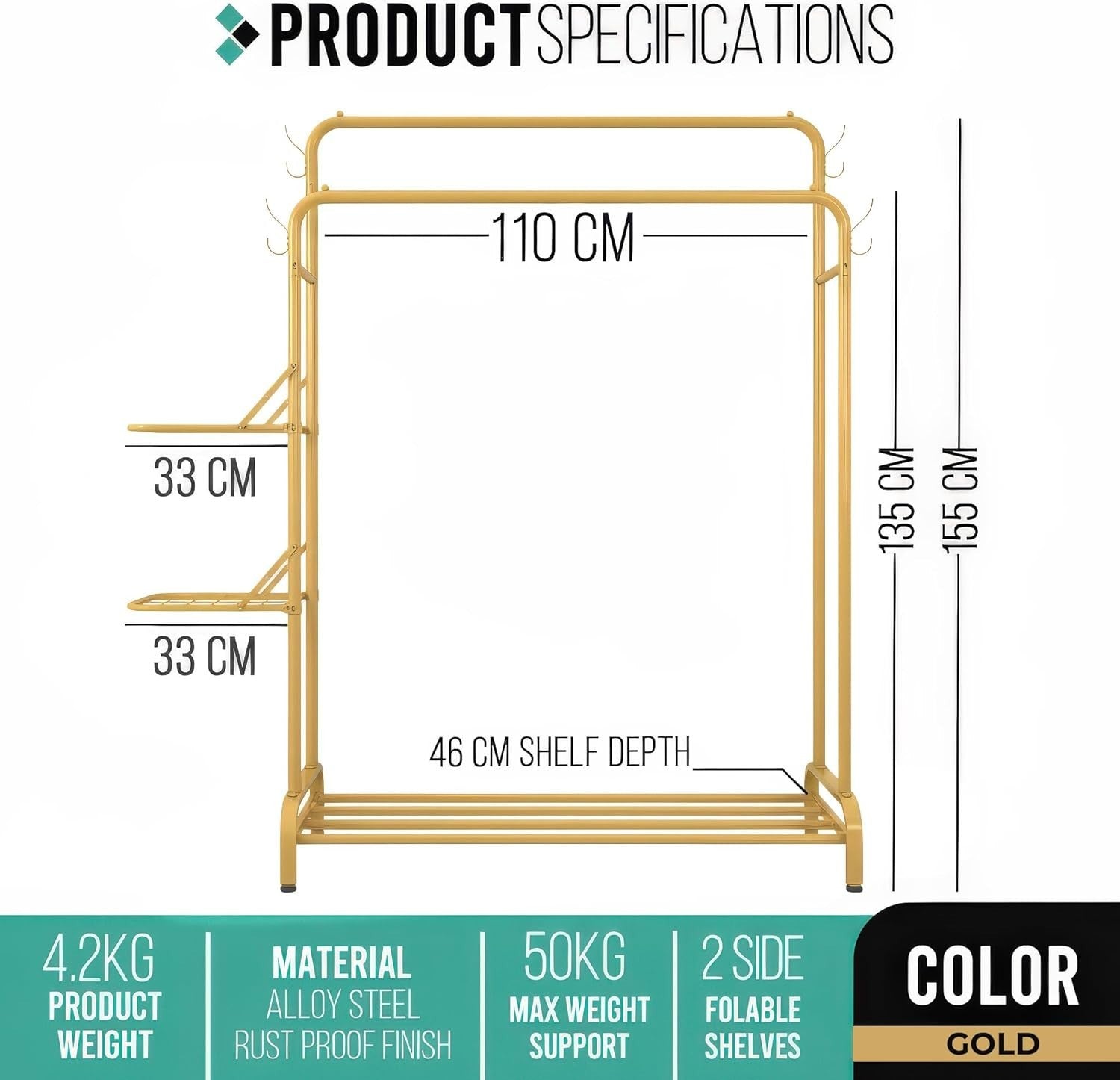 Gold Heavy Duty Clothes Rail 100KG With Folding Shelves